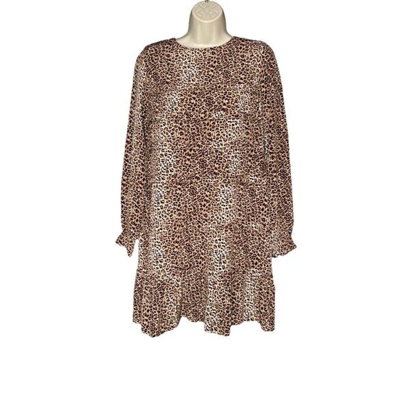 Ann Mashburn Size Small 100% Silk Animal Print Short Dress Brown Black Ruffled - Picture 1 of 10